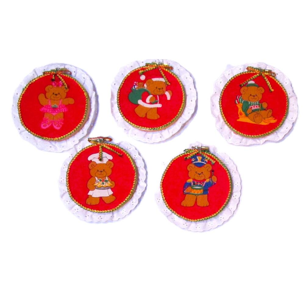 Artist Made Ornaments Christmas Bears Round 5 Inches Fabric Lace Braid Set of 5